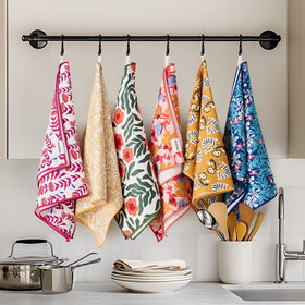 RECYCO Waffle Kitchen Towel Marigold Mosaic machine-washable for easy care.