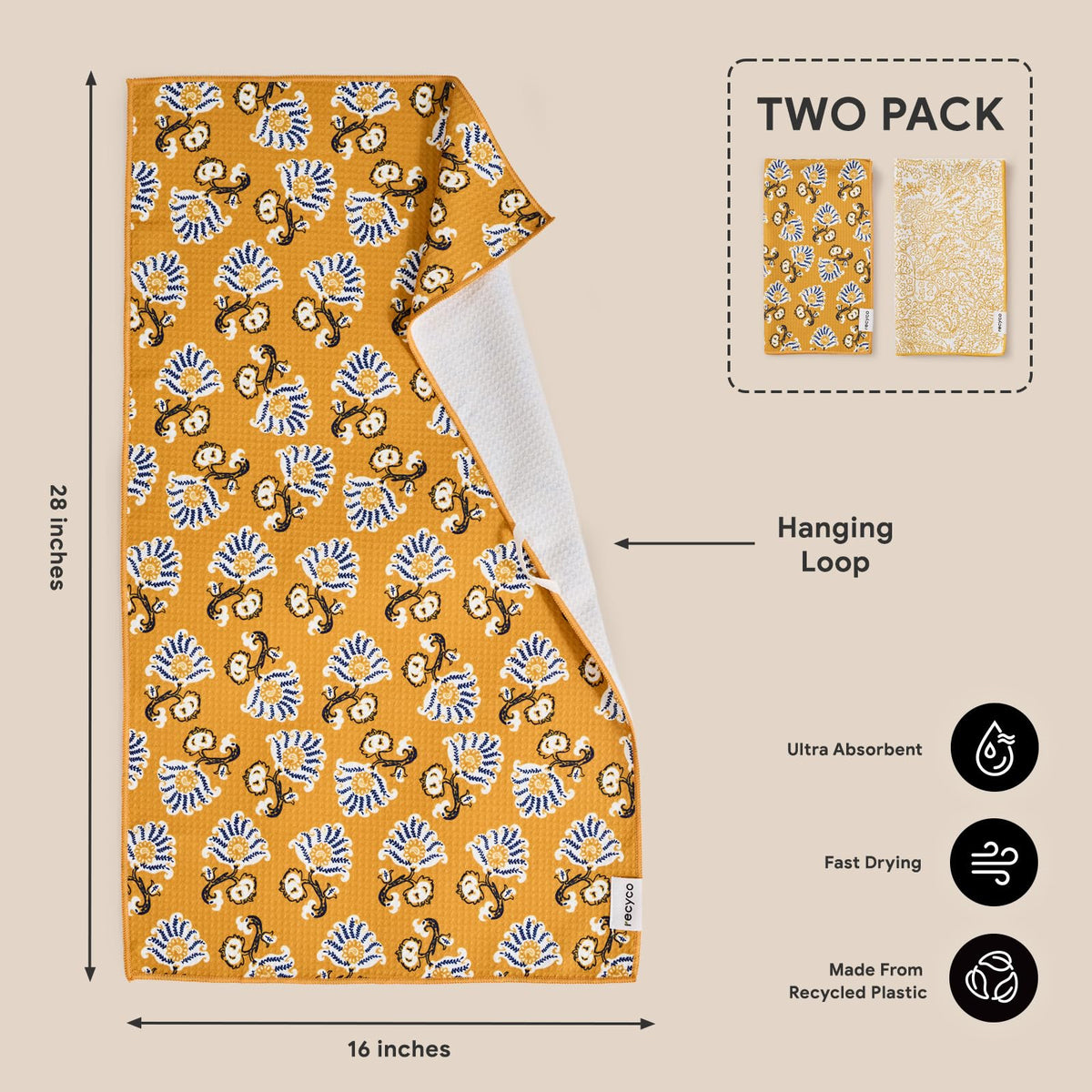 RECYCO Waffle Kitchen Towel Marigold Mosaic textured weave resists fraying over time.