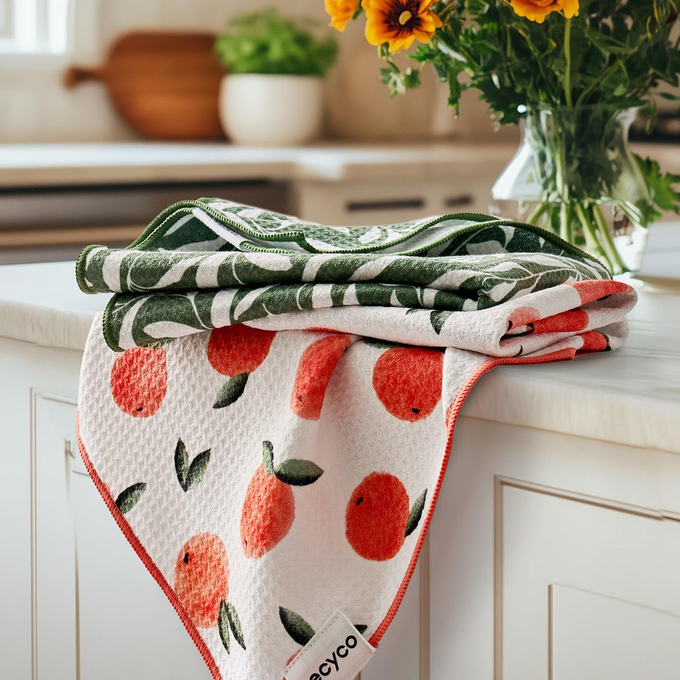 RECYCO Peachy Leaves waffle towel delivers fast absorption for busy kitchens.