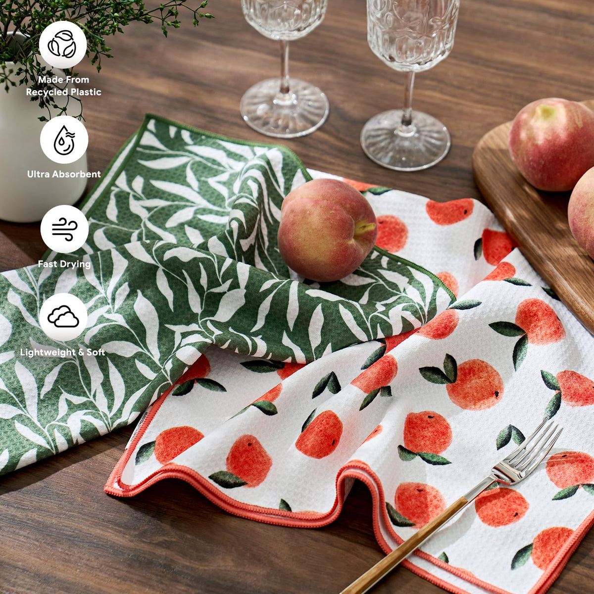 RECYCO Peachy Leaves towel dries fast between tasks after cooking and cleanup.