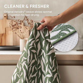 RECYCO Peachy Leaves towel features a soft waffle weave for gentle hands.