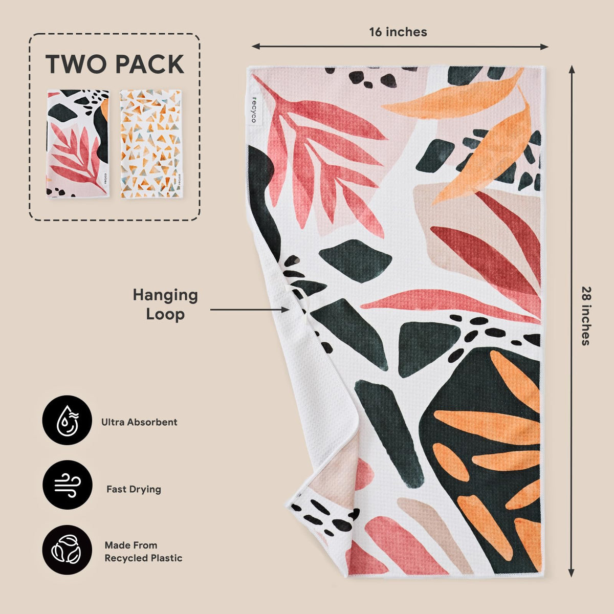 RECYCO Waffle Kitchen Towel Set — 16x28 inch size for ample coverage