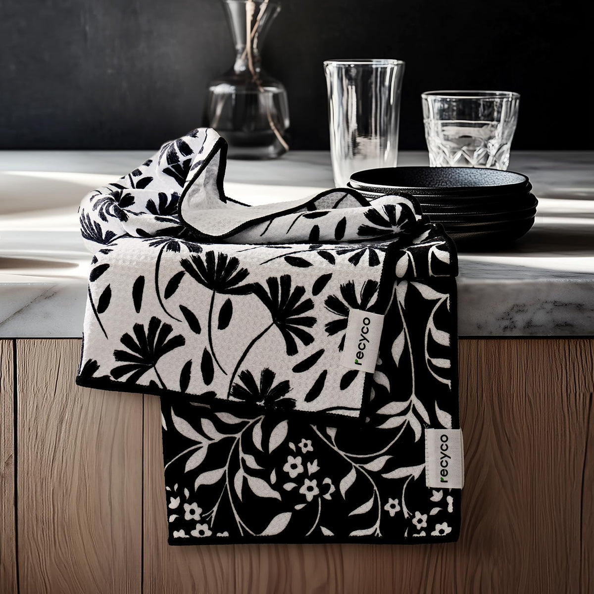 RECYCO waffle towels set of 2 in black and white florals, highly absorbent
