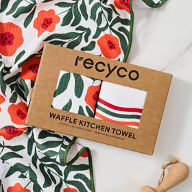 Eco-friendly RECYCO towels highlighting recycled plastic origin and sustainability.