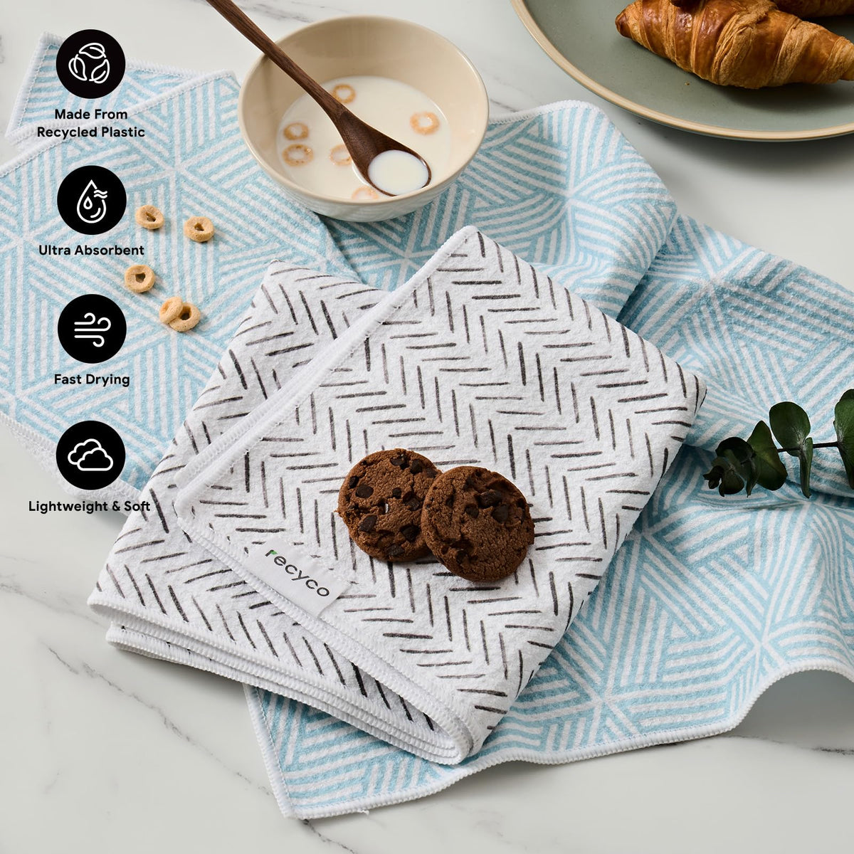 RECYCO waffle towel close-up shows maze pattern, soft weave, adds style and quick drying.