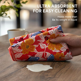 RECYCO waffle towel demonstrating 5x liquid absorption for efficient spill cleanup.