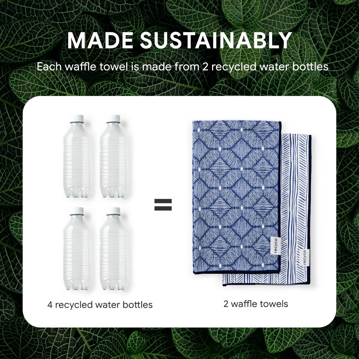 RECYCO waffle towel packaging notes recycled bottle origin and sustainability