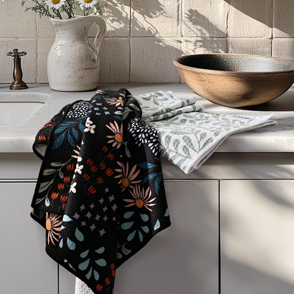 RECYCO Waffle Towel Set in Enchanted Bloom pattern, stylish and absorbent for busy kitchens.
