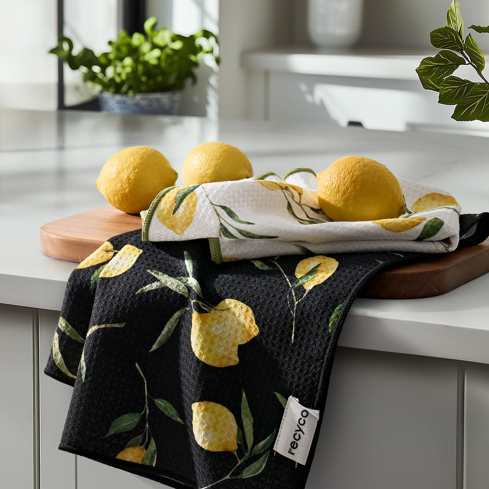 RECYCO waffle towel set, front view with Lemon Grove color, stylish and compact for busy kitchens.