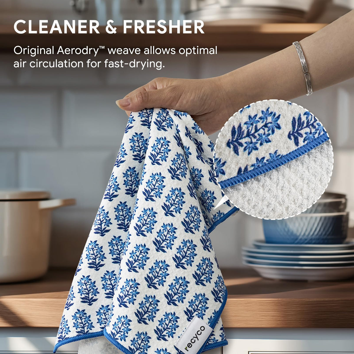 RECYCO waffle towels with hanging loops in porcelain blue.