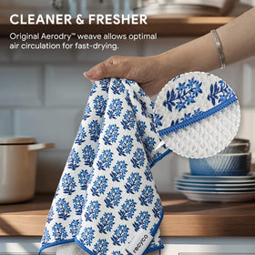 RECYCO waffle towels with hanging loops in porcelain blue.