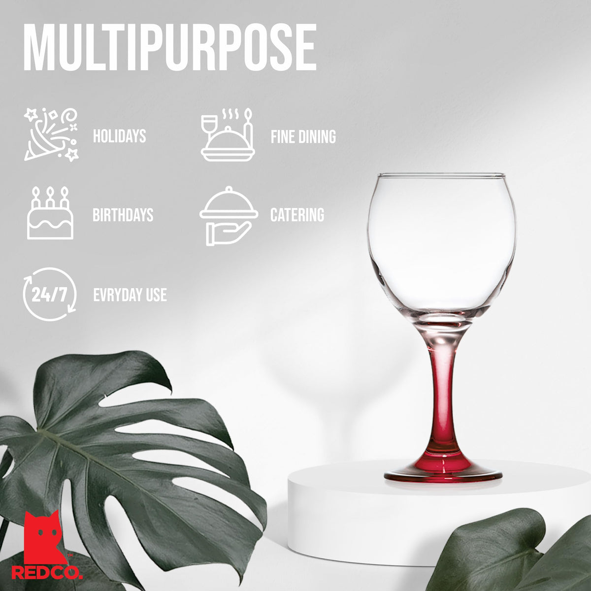 Red Co Orion colorfully tinted bases on clear glass, adding vibrant table appeal.