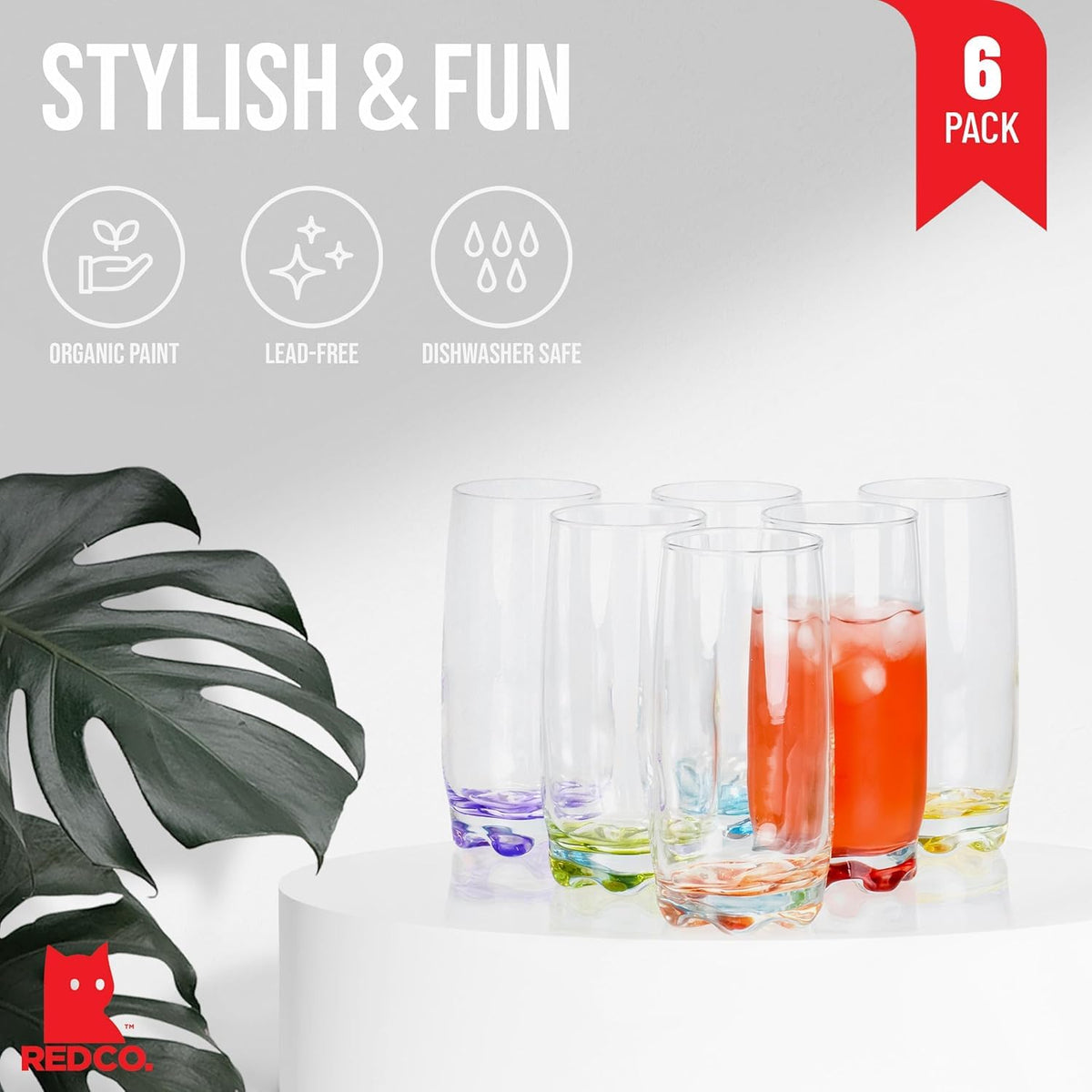 Red Co Vibrant Splash highball glass with durable clear body for everyday use.