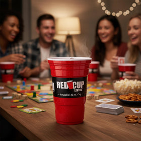 Red Cup Living 32 oz insulated tumbler on the beach illustrating outdoor reliability