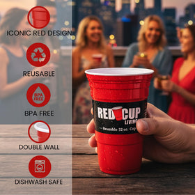 Red Cup Living 32 oz insulated tumbler in hands highlighting sturdy unbreakable build