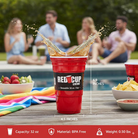 Red Cup Living 32 oz insulated tumbler at a party scene emphasizing festive versatility
