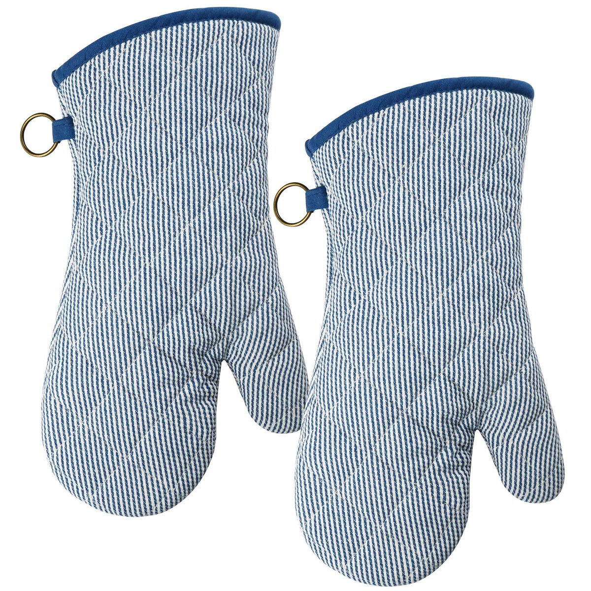 Red LMLDETA blue oven mitt demonstrates secure non-slip grip for handling hot pots.