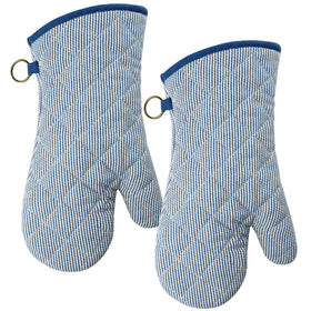 Red LMLDETA blue oven mitt demonstrates secure non-slip grip for handling hot pots.
