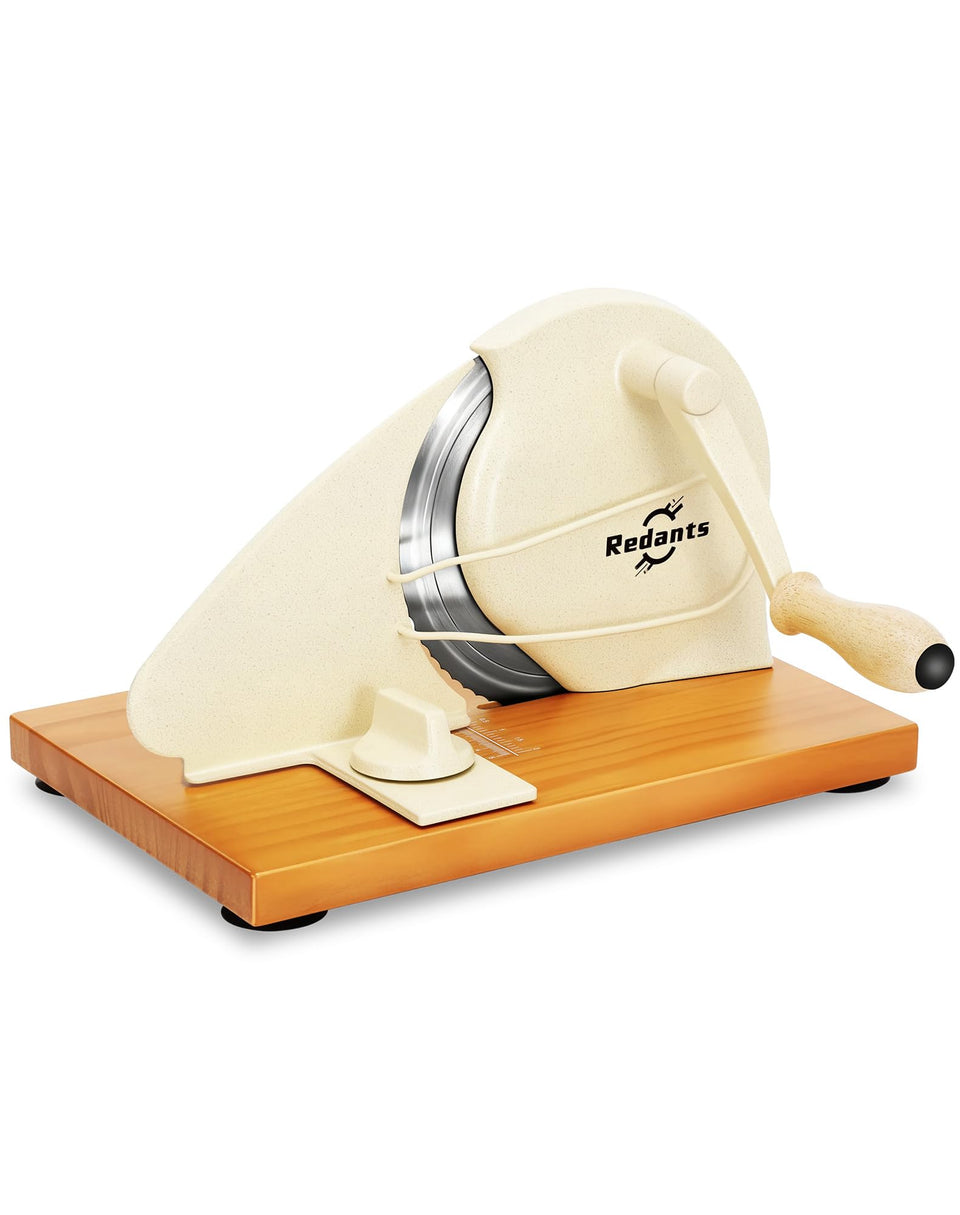 Redants manual bread slicer cream side view shows stable wooden base and non-slip feet for safe slicing