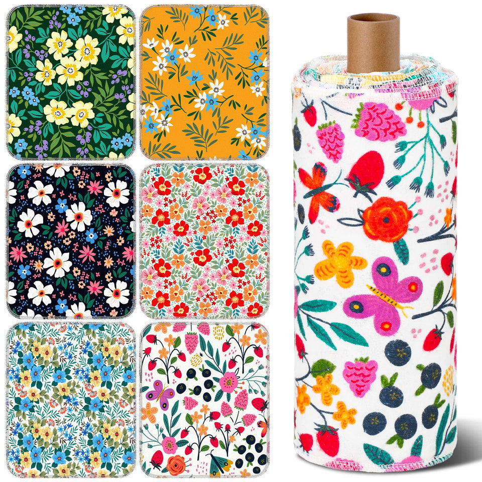 Redbaker floral kitchen towels roll for quick countertop cleanups and reuse.