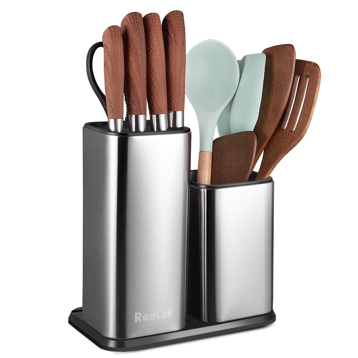 RedCall knife holder front view shows a sleek stainless steel block for organized counter space