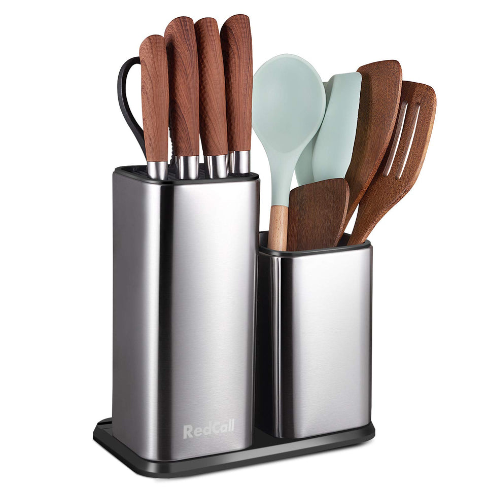 RedCall knife holder front view shows a sleek stainless steel block for organized counter space