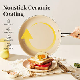 Redchef 11-inch sauté pan shown for versatile cooking and smooth release.