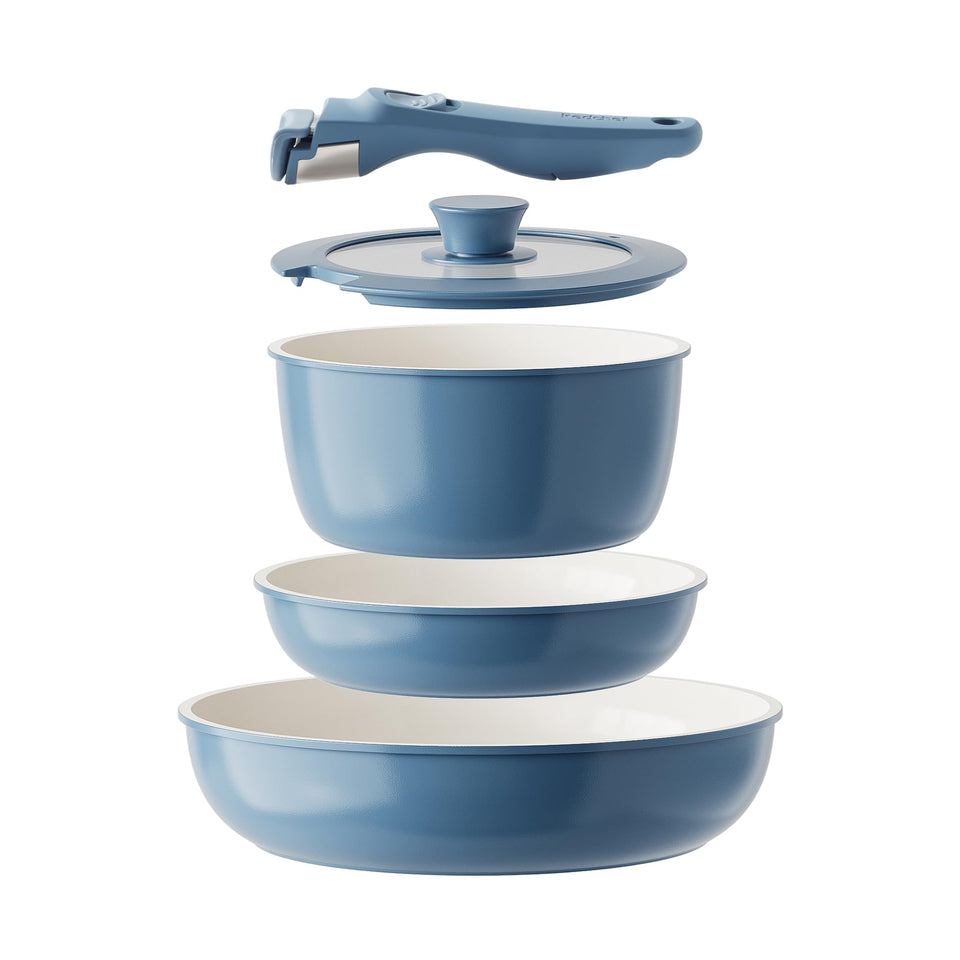Redchef ceramic cookware set with blue finish demonstrates space-saving stackable design.