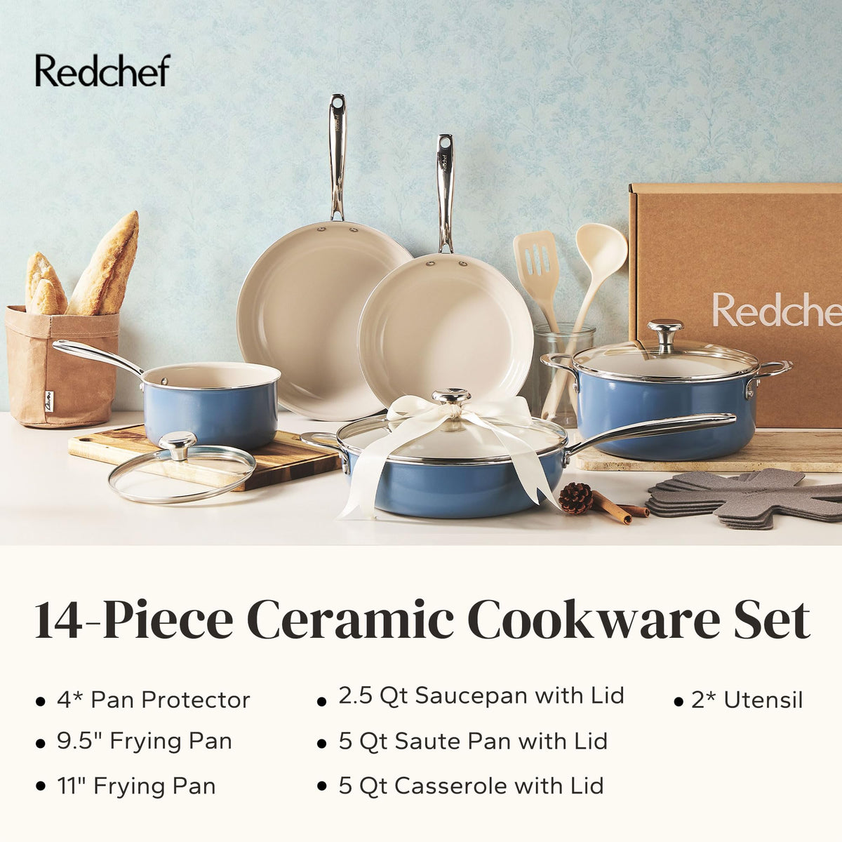Redchef silicone utensils included support safe, nonstick cooking.