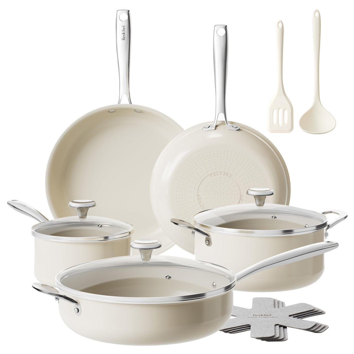 Redchef ceramic nonstick cookware set 14pc laid out for easy, healthy meal preparation.
