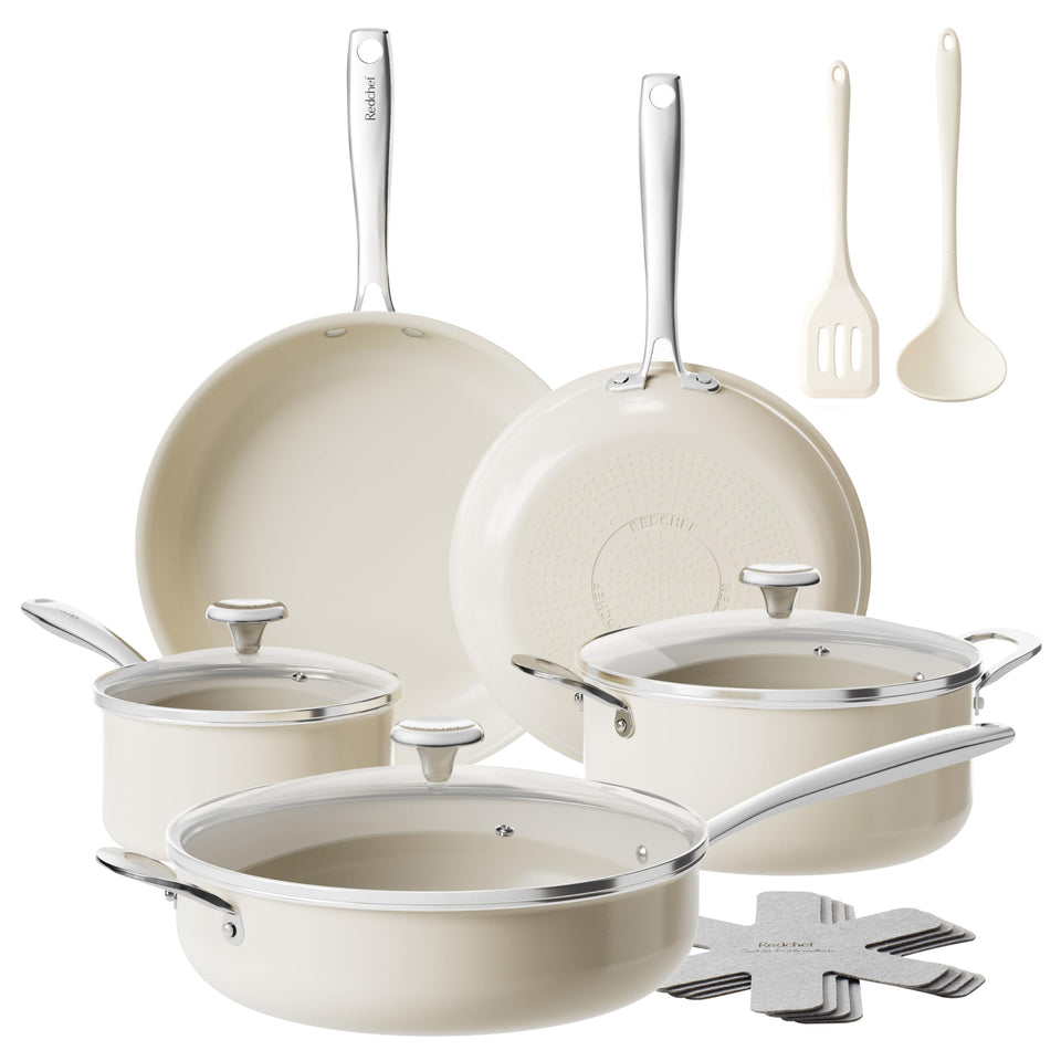 Redchef ceramic nonstick cookware set 14pc laid out for easy, healthy meal preparation.