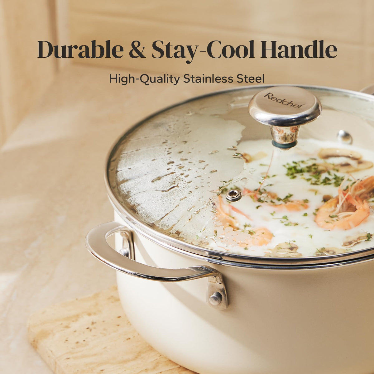 Redchef ceramic nonstick interior promotes easy food release and cleanup.