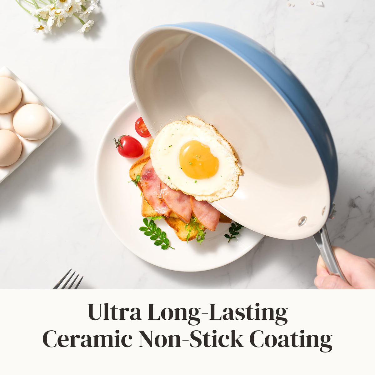 Redchef ceramic nonstick pan 9.5-inch delivers even heating for browning.