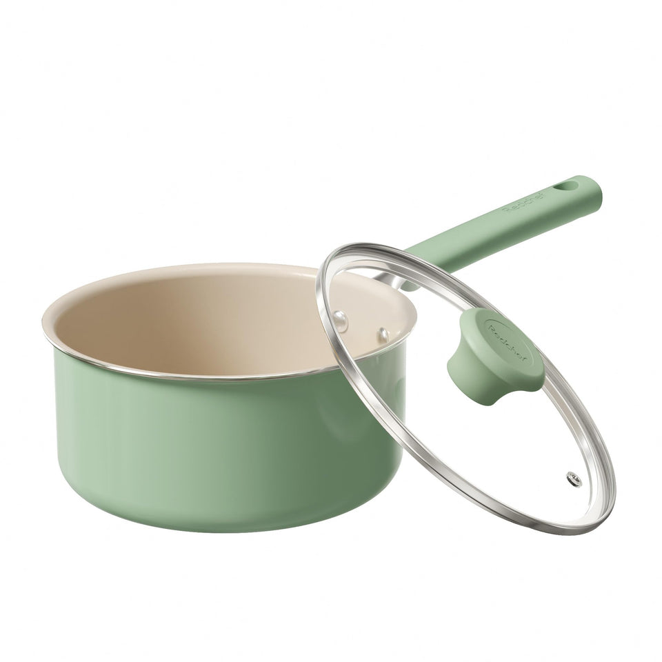 Redchef ceramic nonstick saucepan with lid in green for easy cooking and cleanup.