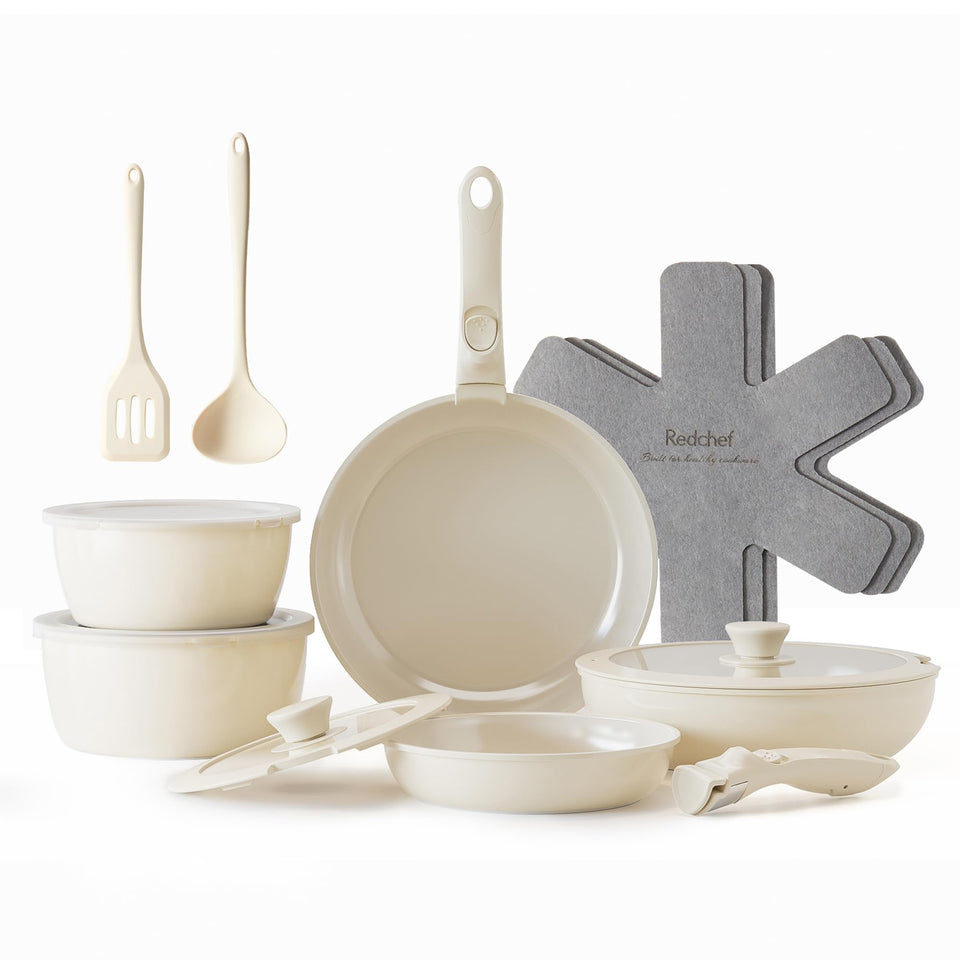 Redchef ceramic pots and pans set showing stackable design for small kitchens.