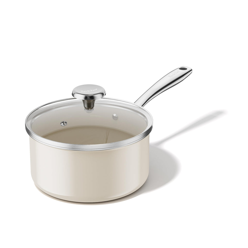 Redchef ceramic sauce pan with lid for even heat and easy serving