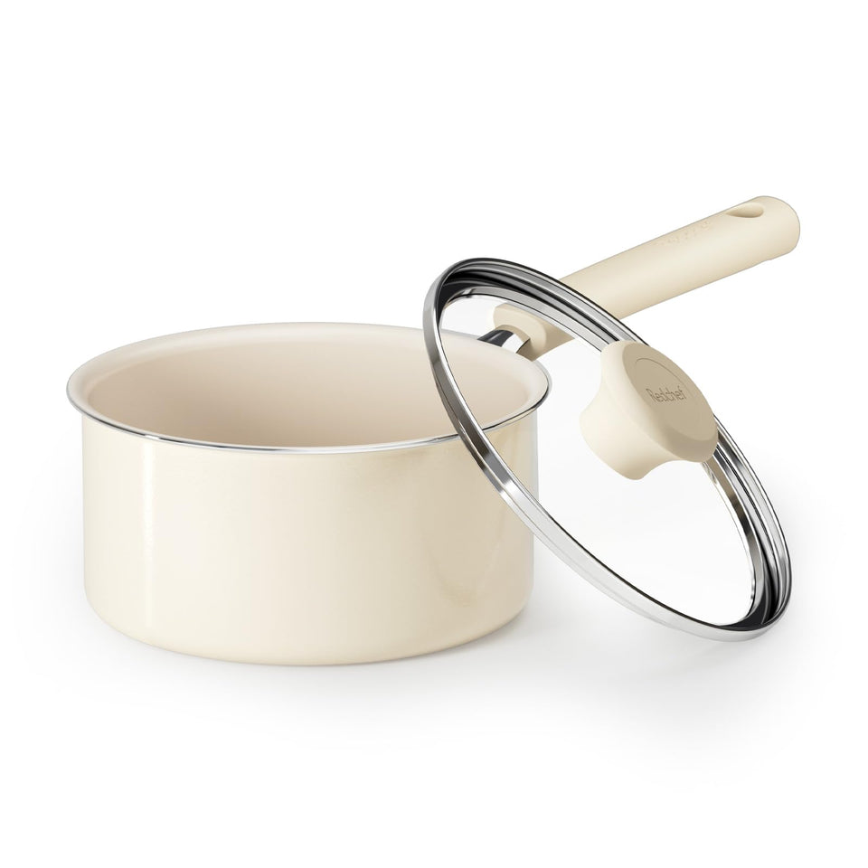 Redchef ceramic saucepan with lid shows a compact 1.5qt size for easy cooking.