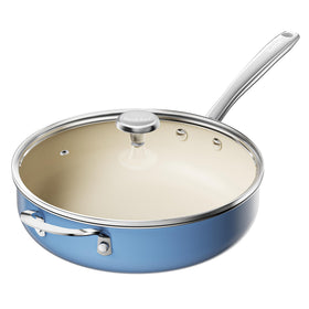 Redchef ceramic saute pan with blue lid, ideal for family meals and even browning.