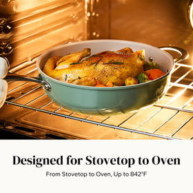 Redchef ceramic sauté pan with green lid, easy to monitor cooking.