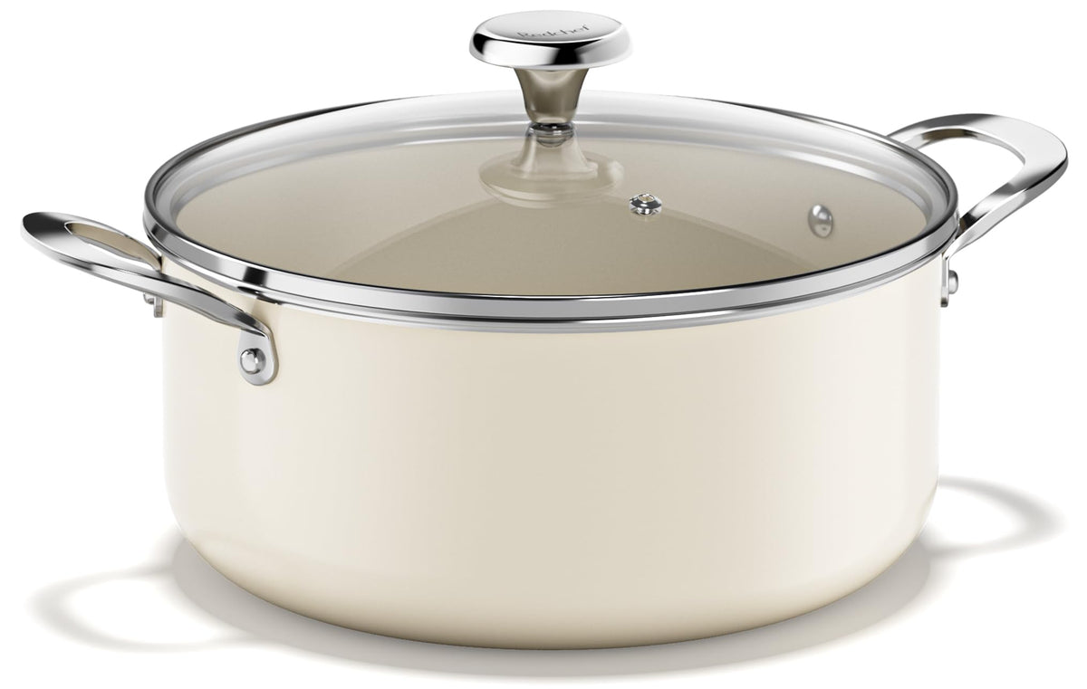 Redchef ceramic stock pot with lid in beige, ideal for soups and stews.