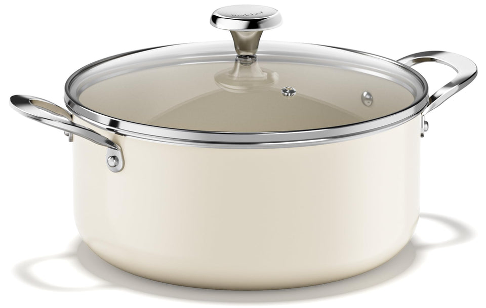Redchef ceramic stock pot with lid in beige, ideal for soups and stews.