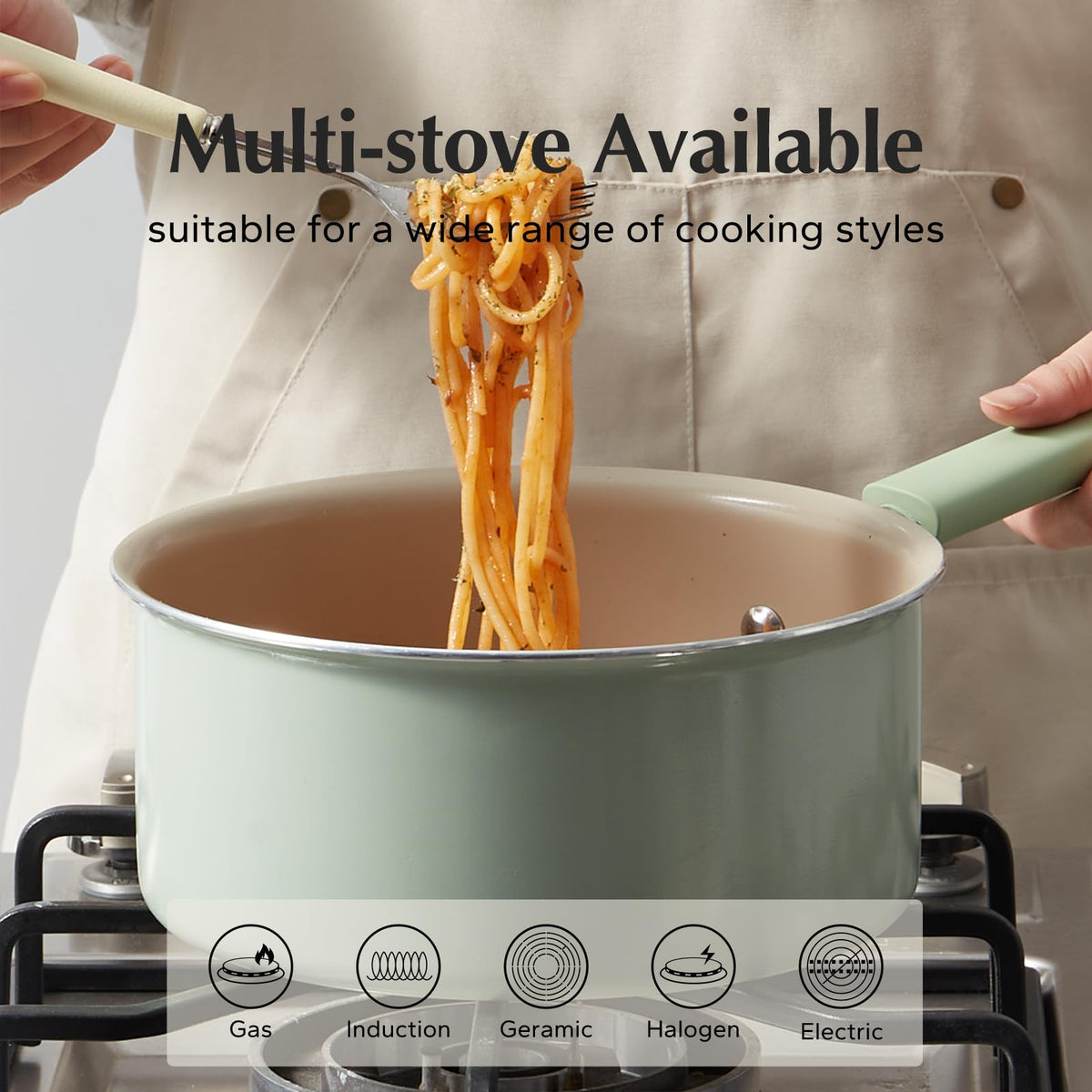 Redchef stovetop-friendly pan in green supports versatile cooking.