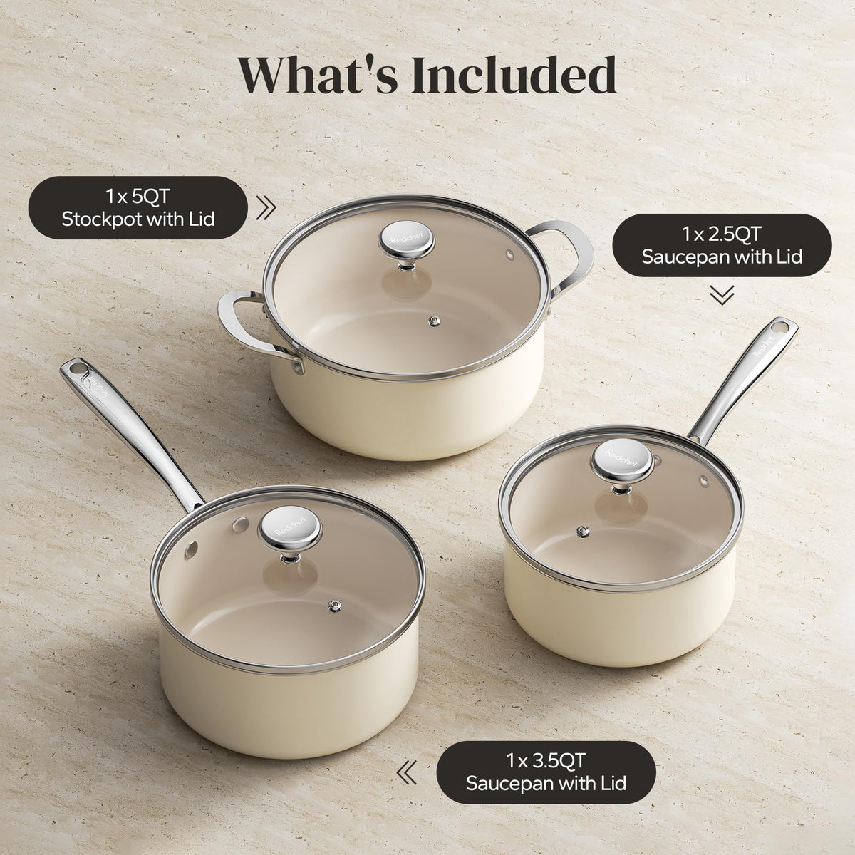 Redchef cooktop compatibility spans induction, gas, electric for versatile use.