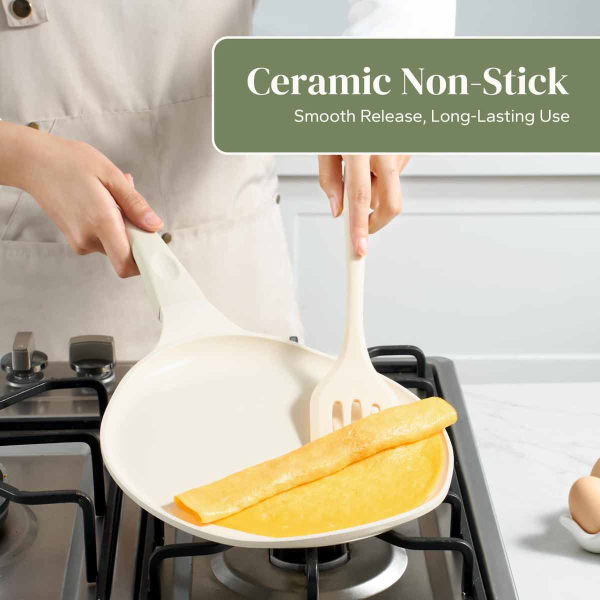 Redchef crepe pan features cool-grip handle for safe ambidextrous use.