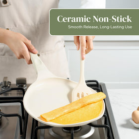 Redchef crepe pan features cool-grip handle for safe ambidextrous use.