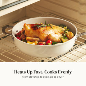Redchef deep skillet with nonstick ceramic coating for easy release.