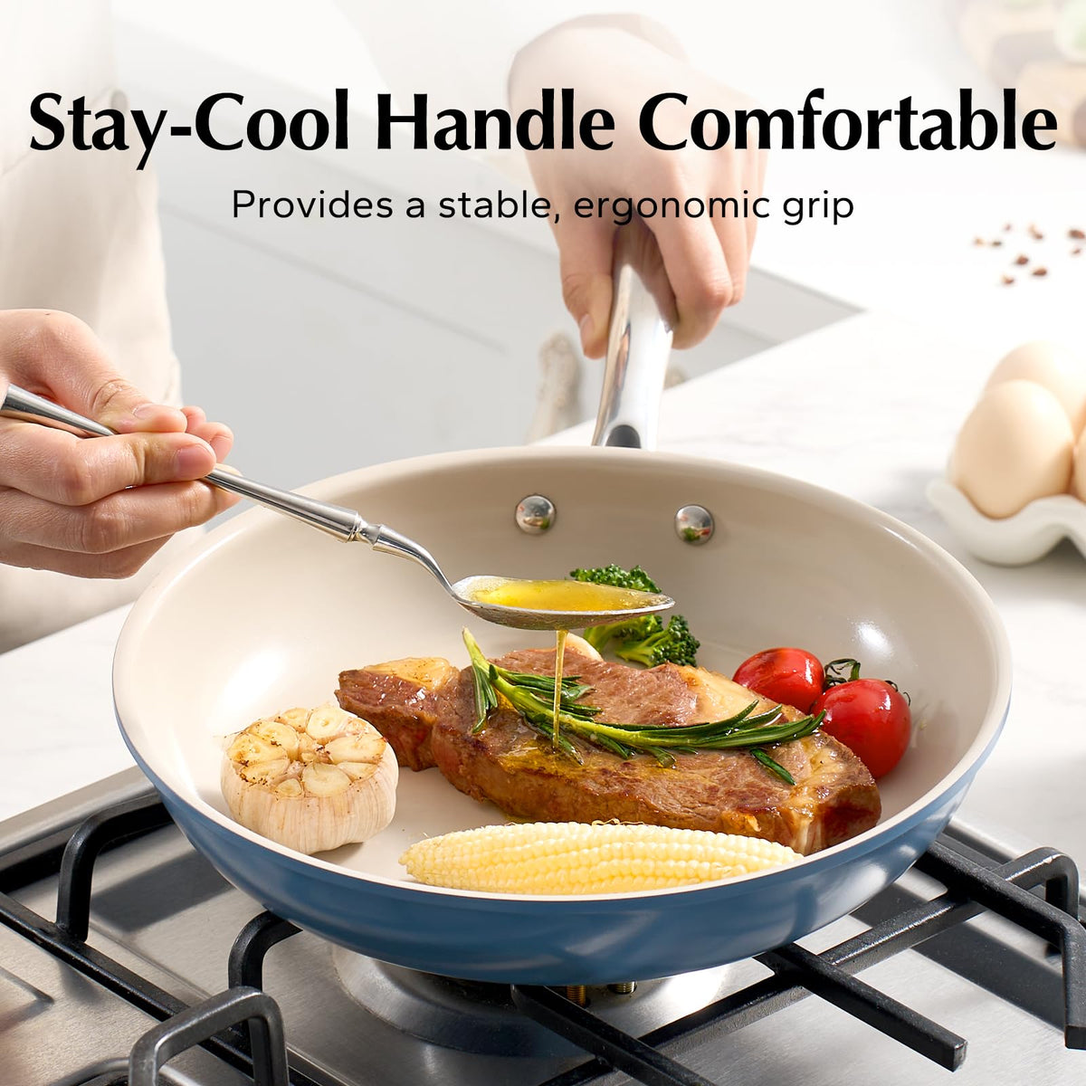 Redchef pan works on induction, gas, and electric stoves for flexible cooking.