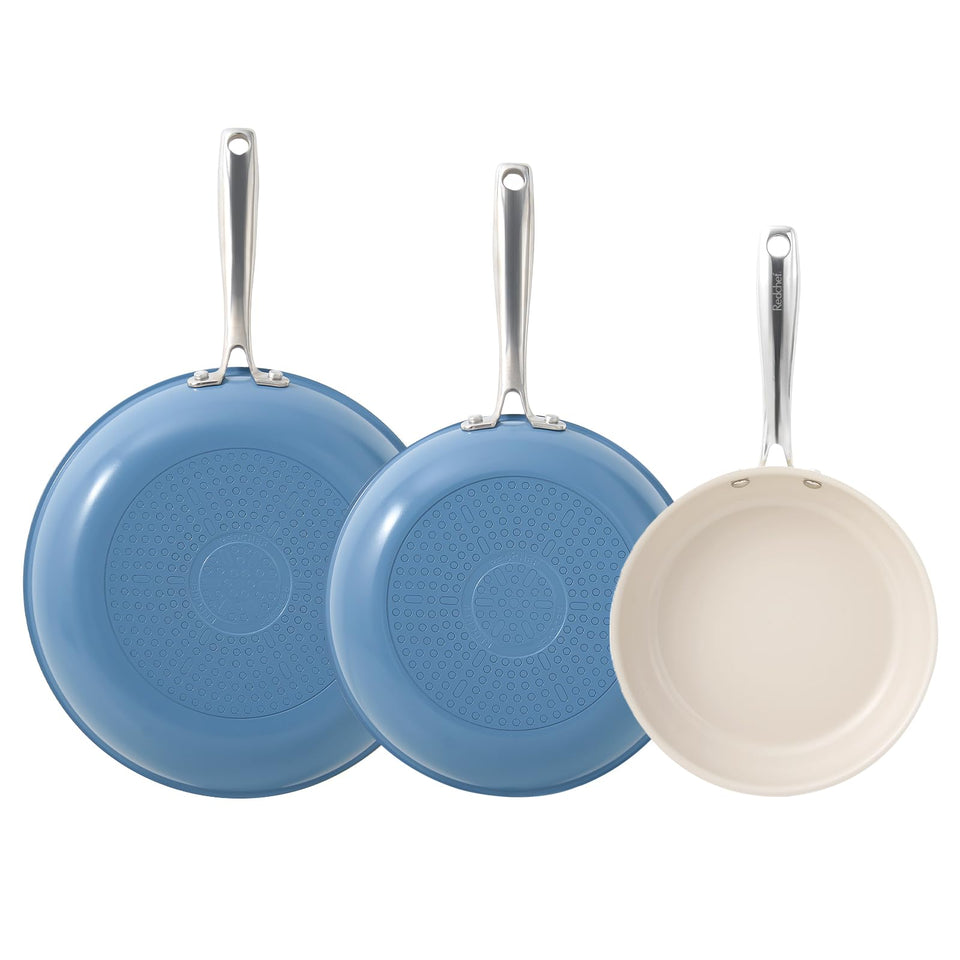 Redchef non-stick ceramic pan set 8-inch on stove for easy cooking with less oil