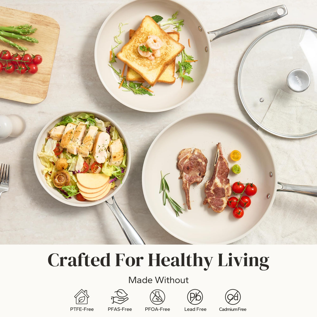 Redchef beige set with lids enabling versatile cooking and easy monitoring.