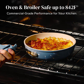 Redchef oven-safe handle and coating withstand high heat.